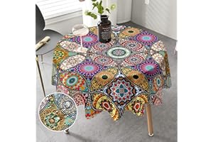 iEvery Round Tablecloth 150cm Boho Wipeable Tablecloths Polyester Wipe Clean Table Cloth Waterproof Circular Table Cover for Home Dinning Kitchen Party Picnic Patio Outdoor