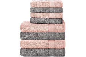 Komfortec 8er Handtuch Set aus 100% Baumwolle, 4 Badetücher 70x140 und 4 Handtücher 50x100 cm, Frottee, Weich, Towel, Groß, Anthrazit Grau/Blütenrosa