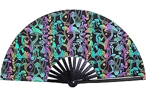 Gionforsy Reflektierender Rave-Handventilator UV Große Rave Falthand Bambus Holographische Optik Handfächer für Festival (Pilz)