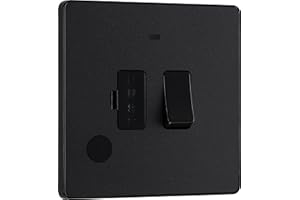 BRITISH GENERAL BG Electrical Switched Fused Connection Unit with LED Power Indicator and Flex Outlet, Fused Spur Switch, Double Pole, Screwless Front Plate, Round Edges, Evolve, Matt Black, 13A, PCDMB52B