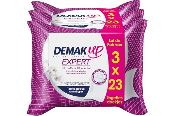 Demak'Up Expert - Lingette Démaquillante Tous Types de Peaux (3 paquets de 23 lingettes)