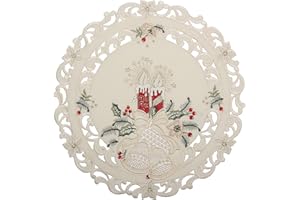 Bezaubernder Weihnachten Tischläufer/Tischdeckchen Creme-Weiß mit Rot Kerzen Glocken Stickerei - Größe wählbar (ca. 40 cm Rund)