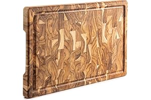 Erreke Tabla de Cortar en Madera de Teca End Grain 44x29.5x3.2cm, Tabla Madera Cocina Grande y Resistente, para Servir Embutidos y Picar Carne Barbacoa Queso Pan, Alta Durabilidad (ranura para jugos)