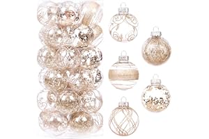 Sea Team - Juego de adornos de bolas de Navidad de plástico transparente irrompible de 60 mm/2,36 pulgadas con pintura con purpurina, transparente, transparente, adornos de cristal (30, champán)