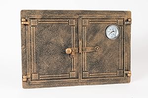 Sezam, Puerta de horno de hierro fundido de 48 x 32,5 cm, puerta para horno de pizza con termómetro de 500 C, horno de pan, cocina de jardín y cámara de ahumado, color cobre