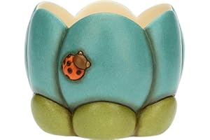 THUN - Cachepot Fiore Azzurro in Ceramica Decorata a Mano con Coccinella, Linea Fiori e Fantasia, 19x18.7x15 cm h