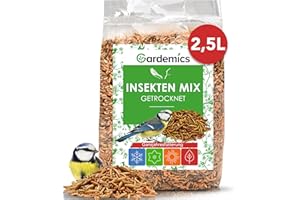 Gardemics Premium Insektenmix 2,5 Liter - 500g - Mit Mehlwürmer getrocknet, Soldatenfliegenlarven getrocknet & Gamarus für Vögel - Vogelfutter, Igelfutter, Insektenfutter für Wildvögel, Gartenvögel