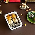 Dessert Drama Present Diffrent Diffrent Flover Laddo,Perfectly packed 2 pc Shahi Badam Modak, 2 pc Chocolate Modak and 2 pc Kaju Kesar Modak in Kesar Evergreen Box