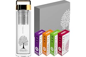 amapodo Thermo Bouteille Or, Coffret Thé Deluxe - Cadeau de thé pour femme, anniversaire, bouteille en verre avec passoire et couvercle, 400ml