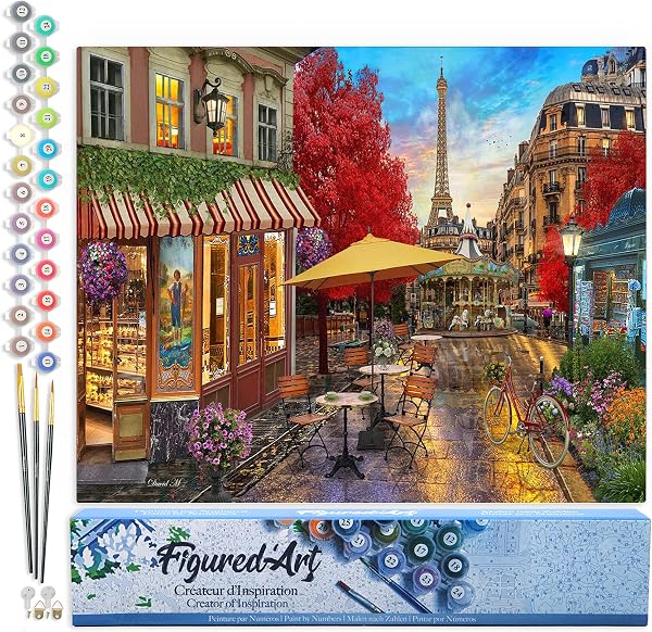 Figured'Art Dipingere con i Numeri - Paint by Numbers Terrazza a Parigi, Passatempo per Adulti, Kit Completo, Hobby Creativi - Quadri fai da te 40x50cm senza cornice - 1