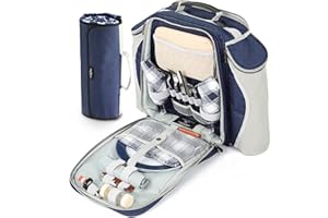 Greenfield Collection Navy Blue Deluxe Backpack Hamper for Two People with Matching Picnic Blanket, 21x32x42 cm