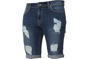 ZE ENZO Enzo Short Bermuda Hommes en Jean Denim Stretch Skinny Longueur Genou Déchiré
