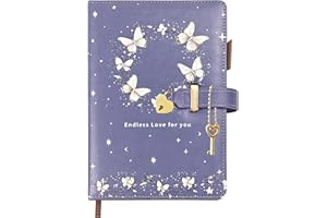 Qefuna dziennik z zamkiem w kształcie serca i motylem UV – notatnik A5 dla dziewcząt i dorosłych, 200 stron (100 g/m²), linijka 8 mm, uchwyt na długopis, zakładka –Fioletowy