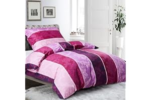 ‎HENGWEITEXT HENGWEI Bettwäsche-Set 135x200 cm, 100% Baumwolle Oeko-TEX Zertifiziert, Atmungsaktiv & kuschelig, mit Reißverschluss Bettbezug 135x200 + Kissenbezug 80x80, Lila Blumen Streifen 120 g/m²