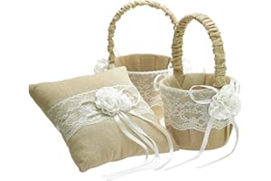 ‎EINSSEIN EinsSein Ring Cushion + 2 Scatter Baskets Set Jute Flower 20 x 20 cm Vintage Wedding Cushion for Wedding Rings Wedding Cushion Wedding Ring Cushion & Flower Basket Decorative Hearts for Wedding