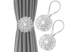 BOCHION Curtain Tie Backs, Sparkling Floral Decorative Magnetic Curtain TieBacks, No Drilling Curtain Holdbacks, Stainless Spring Wire Drapery Curtain Holder Buckle for Home Office. (Silver 2 Pack)