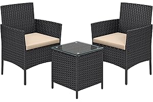 SONGMICS Meble balkonowe, zestaw mebli ogrodowych, z polirattanu PE, zestaw wypoczynkowy, stół i 2 krzesła, meble tarasowe, na zewnątrz, na taras, balkon, do ogrodu, czarny-taupe GGF003B01