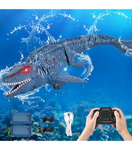 ALEENFOON Barcos Mosasaurus de control remoto de 2.4 GHz con agua pulverizadora, doble hélice, juguete Mosasaurus, barco RC para piscina, lago, baño, juguetes de dinosaurio a control remoto para niños