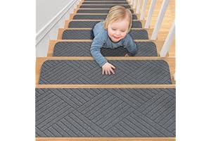 Aenithsy Stair Treads Non Slip Indoor, 15 Pack 76x20cm Stair Runners for Wooden Steps with Reusable Adhesive, Washable Stair Carpet Mats for Elders, Kids and Pets, Grey