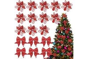 BOFUNX 12pcs Fiori di Natale Glitterati Fiori per Albero di Natale Fiori Artificiali Natale Glitter con Fiocchi Natalizi Ornamenti Addobbi per Decorazione Natale Capodanno Matrimonio Festa
