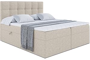 ALTDECOR Boxspringbett mit H3-Matratze (20 cm hoch) mit Bonellfederung + PUR, Topper (4 cm hoch), Polsterbett mit Kopfteil und Bettkasten 180x200 - Beige Inari 22