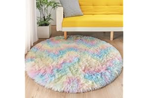 MARATIP Plüsch Teppich Rund,Flauschiger Teppich Rund,modernes Wohnzimmer,Kinder Mädchen,weicher und Flauschiger Teppich für das Schlafzimmer/Wohnzimmer/Kinderzimmer (Regenbogen,Ø 100 cm Runde)