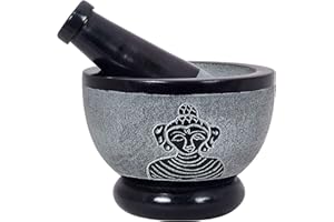 Divit Shilp Mörser und Stößel, hergestellt aus hochbelastbarem, poliertem Hartstein, Natursteinmahlwerk für Gewürze, Pasten, Kräuter, Gewürze etc. (Buddha)