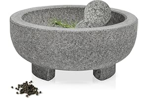 BQKOZFIN Granite Pestle and Mortar Set, Premium Solid Stone Grinder Bowl for Herbs Spice Guacamole Pepper Garlic Pesto Ginger Root, 20cm Diameter (Grey)