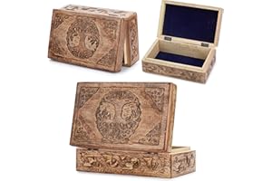 Ajuny Handcarved Wooden Decorative Treasure Chest Box with Celtic Tree of Life Carvings - Multipurpose Use as Jewelry Storage Keepsake Trinket Holder, Great for Gifts