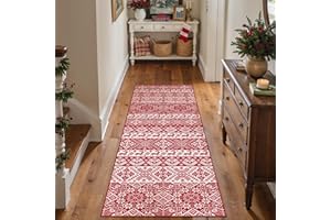 PureCozy Christmas Hallway Runner Rugs, Washable Xmas Snowflake Kitchen Entryway Low Pile Soft Red Area Rugs for Bedroom Laundry Living Room Office, Non Slip Carpet for Home Decor, 60x180 cm