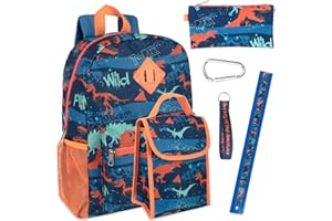 Trail maker Boy's 6 in 1 Backpack Set with Lunch Bag, Pencil Case, Ruler, Clip, and Wristlet Keychain