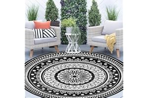 Cekene Large Outdoor Rug Round Waterproof 240cm Black Reversible Garden Rug Plastic Easy Clean Area Floor Mat for Outdoors Patio Garden RV Trailer Backyard Deck Picnic
