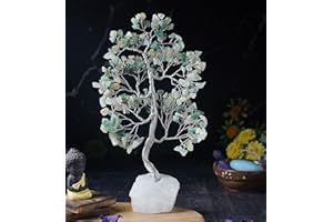 Crocon Green Jade Gemstone Tree with Natural Quartz Base Feng Shui Money Bonsai Home Decoration Ornament Figurine Chakra Healing Crystal Tree of Life Wealth & Good Luck Gift (300 Beads) 10-12 Inch