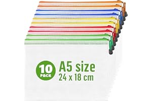 IRICUS Paquete de 10 Bolsas A5 con Cremallera e Malla A5 de 24 X 18 Cm, con Cremallera de Plástico - Tamaño A5, Bolsas de Archivo Impermeables para Suministros de Oficina, Bolsas Multiusos con Cremallera