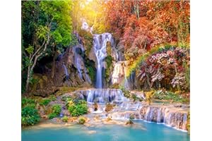 decomonkey - Papier Peint Panoramique Cascade Chute d'eau 400x280 cm - Décoration murale moderne – Tapisserie décorative pour chambre salon - Asie arbres pierre nature paysage rivière eau cascade