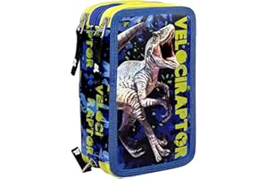 Julian Ross Dinosaure Velociraptor Trousse Garçon, Étui Triple rempli, 45 Accessoires d'École Primaire, 20 Centimètres, Colle en bâtonnet, Mine+, 3 Fermetures Éclair, Compartiments Organisés