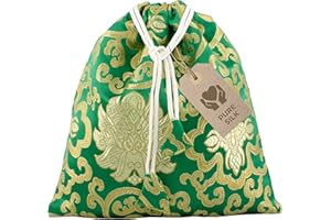Avanda pouch/bag for singing bowls up to Ø 15 cm (6 in), pure silk from Nepal, practical drawstring, traditional handicraft, green-gold