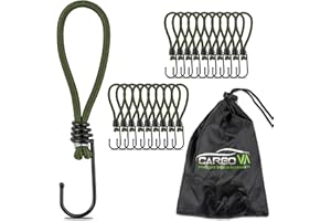 CARGO VA INTELLIGENT VEHICLE ACCESSORIES CargoVA® - 20 elastici con ganci e pratica borsa - ganci di espansione per teloni e reti verde oliva - lunghezza 15 cm [20 pezzi]