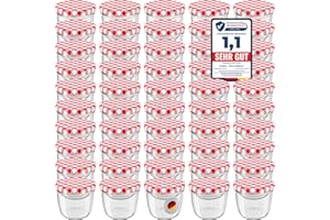 WELLGRO® Einmachgläser mit Schraubdeckel - 230 ml, 8,5 x 6,5 cm (ØxH), Glas/Metall, rot karierte Deckel To 82, Gläser Made in Germany, verschiedene Mengen wählbar (Rot, 50 Stück)