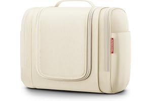 VANLINDSON Neceser XXL para Viaje [9 litros de Espacio, Diseño 2025] - Neceser Mujer y Hombre Colgante, Bolsa de Aseo Ideal para Maquillaje y Organización (Beige Crema)