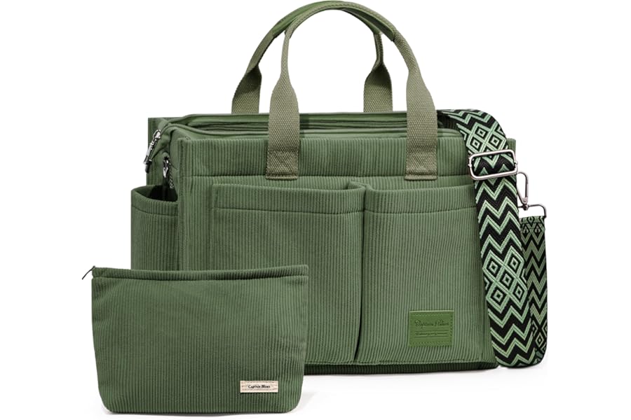 Captain Blues Corduroy Tote Bags for Women with Zipper, Large Capacity Work Bags Shoulder for School, Travel, College, Teacher with Adjustable Strap & Pockets