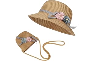 FT-SHOP Sombrero de Paja Niñas Gorra de Sol Chica y Bolsillo Set con Decoracion de Flores Gorro de Playa para Viaje Beach Piscina al Aire Libre
