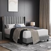 Yaheetech Upholstered Double Bed with Headboard with Wings 140 x 200 cm Light Grey