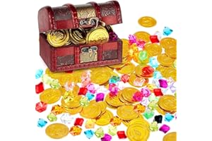 Hestya Pirate Treasure Chest Toy with 50 Plastic Gold Coins and 50 Fake Gems, Pirate Gems Toys Antique Treasure Box with Lock Fake Gemstones for Christmas Halloween Party Favors Hunt Game (Classic)