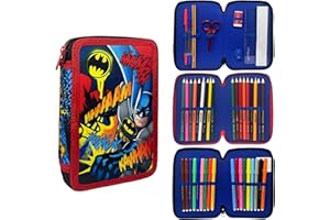 CARTOON Estuche de 3 cremalleras completo de 44 piezas para la escuela, multicompartimento, bolígrafos, lápices, colores, rotuladores Giotto, Batman, 20 x 13 x 6 cm, Moderno