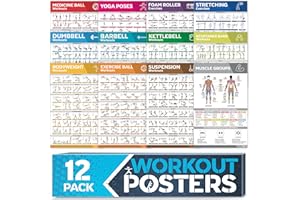 GRAND BASICS Laminiertes großes Workout-Poster-Set – perfekte Workout-Poster für das Fitnessstudio zu Hause – inkl.Übungstabellen, 12er-Set Hantel-, Yoga-Posen, Widerstandsband-, Kugelhantel-, Stretching- usw.