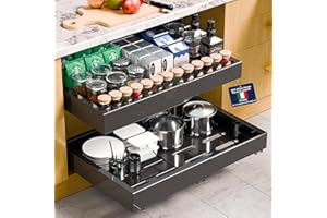 Kiseely 2 Pacchi Cassetti Estraibili per Cucina, larghezza regolabile 32-53 cm, cassetti estraibili e cassetto estraibile per pentole e padelle, vite adesiva senza trapano (Nera FA1)