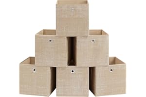 SONGMICS Boîtes de Rangement, Lot de 6, Coffres de Rangement en Tissu Non-Tissé avec Poignée, 30 x 30 x 30 cm, Cubes, pour Étagère, Pliables, Rangement de Vêtements, Beige Sable RFB006K03