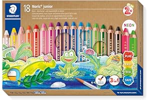 STAEDTLER Noris Junior 140 C18 Lápiz de color extra grueso 3 en 1: lápiz de color, cera y lápiz acuarelable. Estuche con 18 lápices de colores surtidos + afilalápices