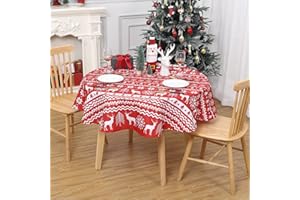 LinTimes Okrągłe świąteczne obrusy, odporne na plamy obrusy na Boże Narodzenie, Nowy Rok, dekoracja, Boże Narodzenie, przyjęcie, dekoracja domu, świąteczne obrusy, okrągłe, 60 cali, czerwone